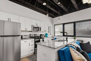 Fridge, microwave, dishwasher, coffee/tea maker