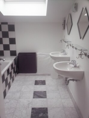Hair dryer, towels, soap, toilet paper