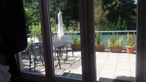 Une terrasse avec une table et des chaises, des plantes en pot et une vue sur la verdure.