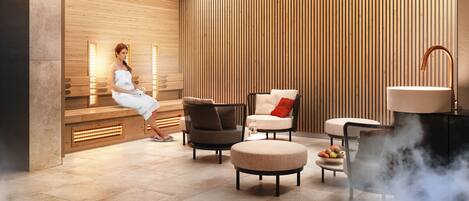 Een sauna, een stoombad, massagebehandelingen