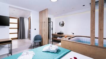 Desk, laptop workspace, blackout curtains, iron/ironing board