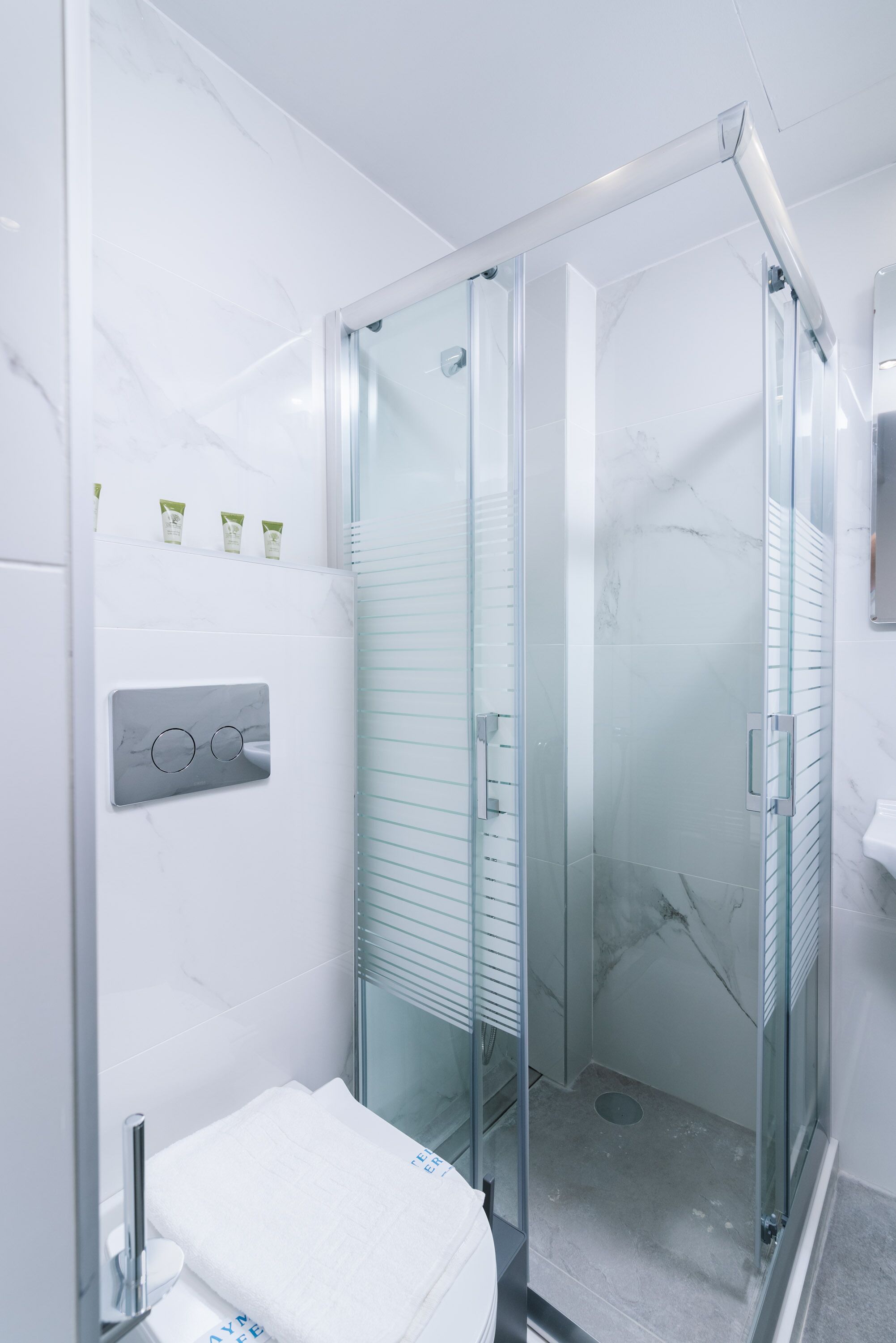 A modern bathroom with a glass-enclosed shower, a white toilet, and a marble-tiled wall.