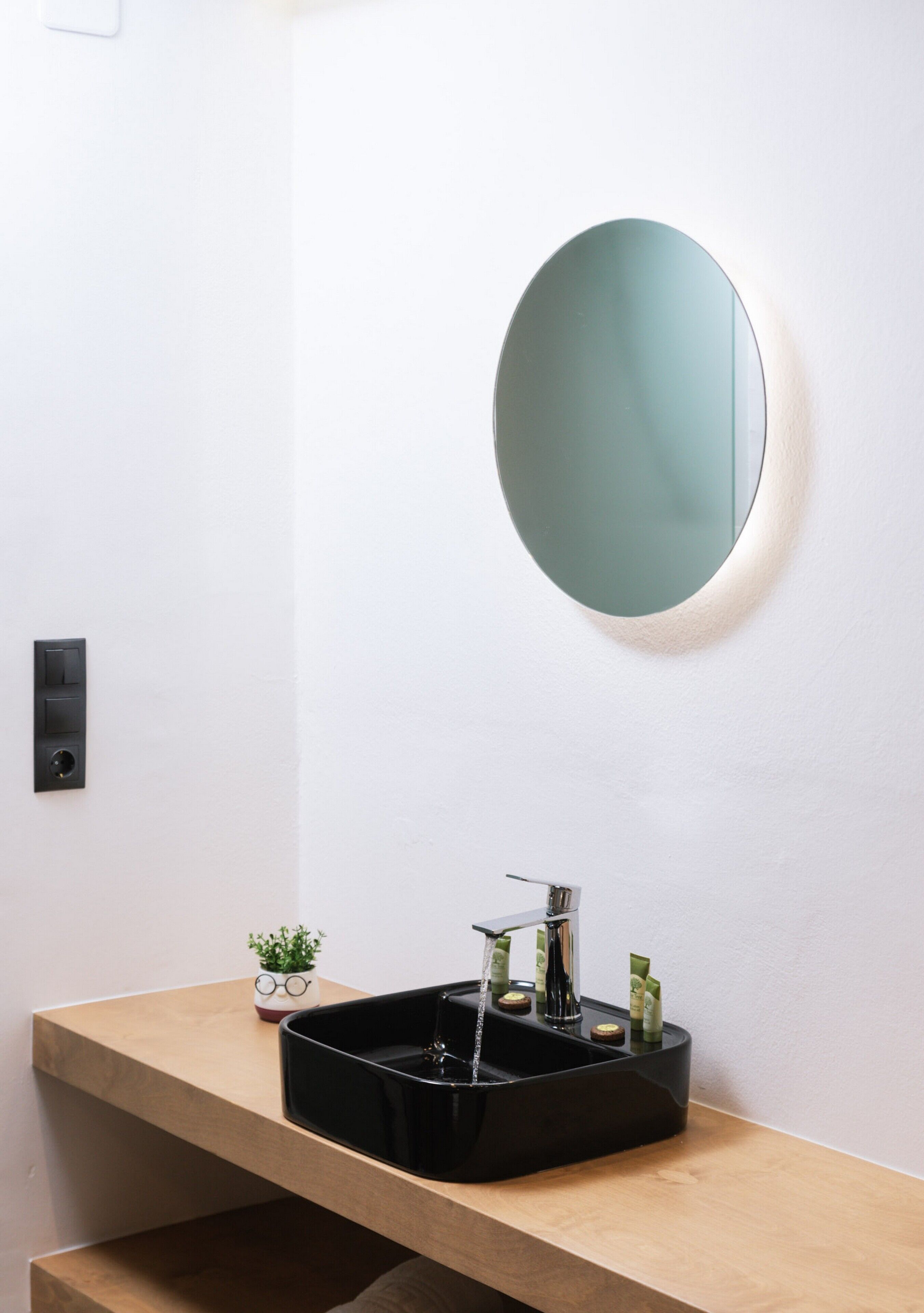 A modern bathroom with a black sink, a round mirror, and a small potted plant on the counter.