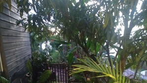 A wooden pathway leading to a gated entrance, surrounded by lush greenery and a wooden building. - L'ECRIN DUBUISSON Spacious villa in lush garden with whirlpool bath (Saint-Leu)