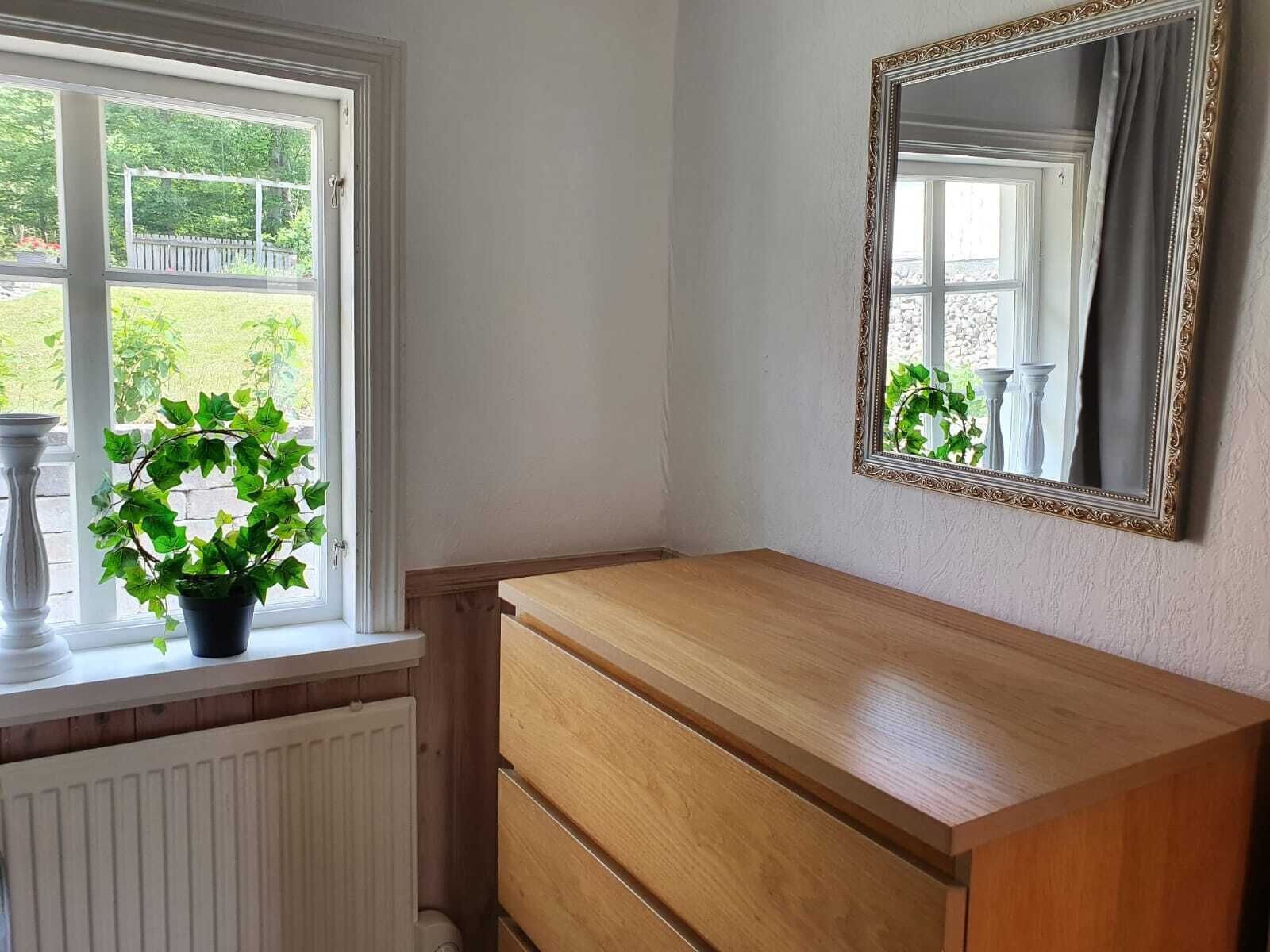 A corner room with a wooden dresser, a mirror with an ornate frame, and a window with a view of greenery.