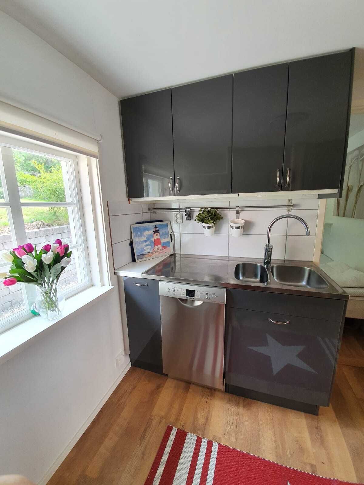 A compact kitchen with dark cabinets, a dishwasher, and a window with a view of greenery.
