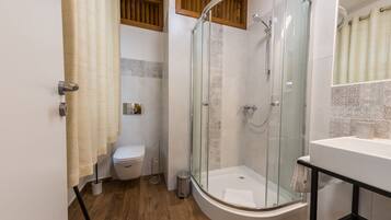 A modern bathroom with a glass-enclosed shower, a toilet, and a sink.