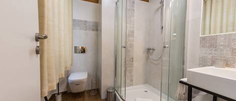 A modern bathroom with a glass-enclosed shower, a toilet, and a sink.