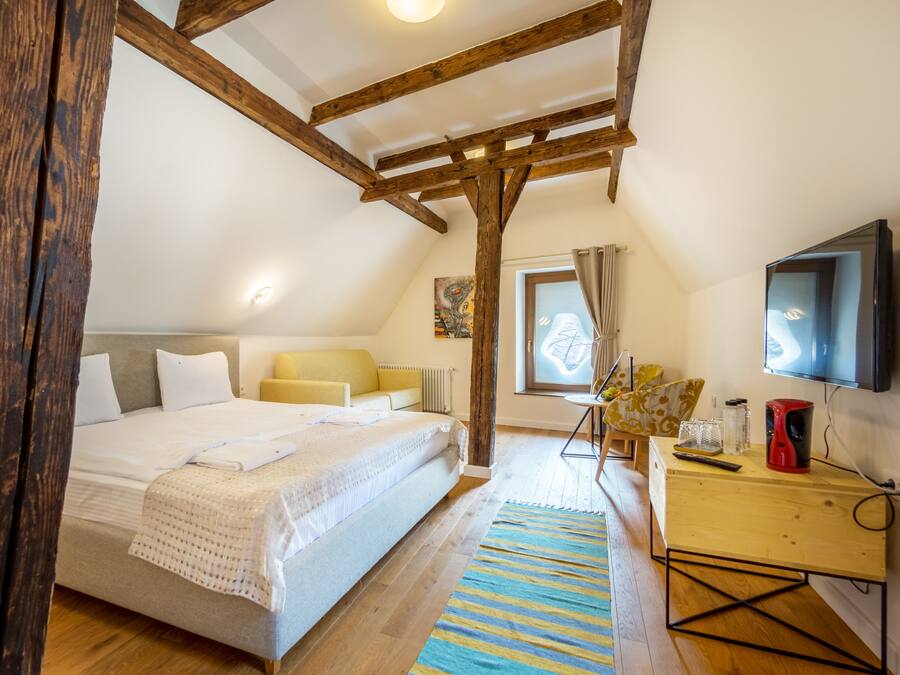 Ein Schlafzimmer mit Holzboden, einem Bett, einem Schreibtisch und einem Fernseher.