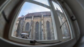 A view through a window of a building with a brick facade and arched windows.