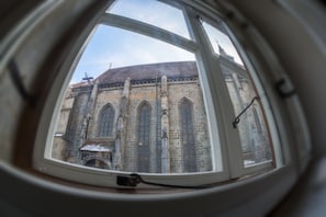 A view through a window of a building with a brick facade and arched windows.