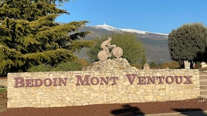 Un panneau en pierre sur lequel on peut lire « BEDOIN MONT VENTOUX », entouré d’arbres et avec une montagne en arrière-plan.
