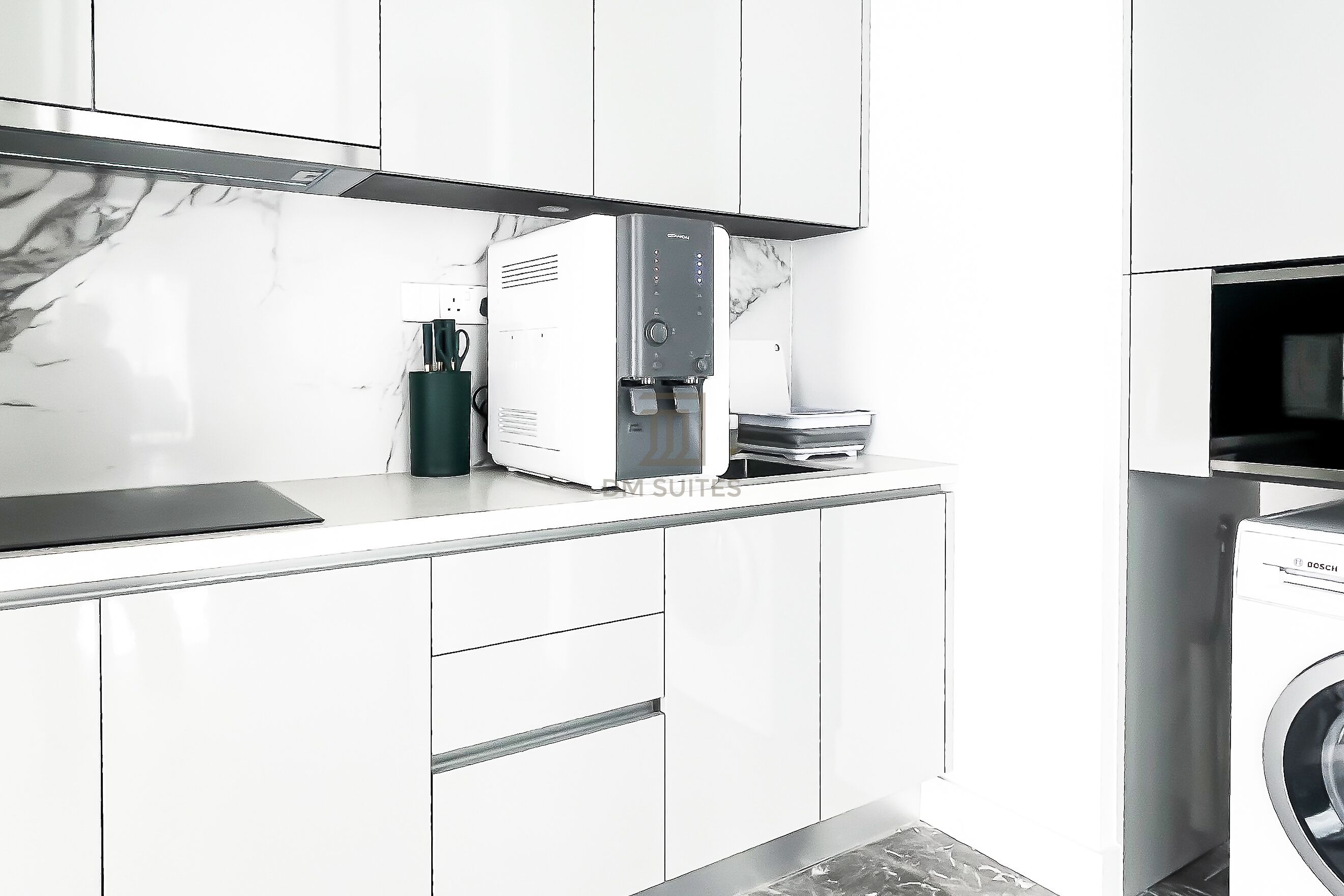 A modern kitchen with white cabinetry, a Bosch water dispenser, and a Bosch washing machine.