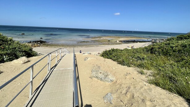 Ein Strand mit einer Holzpromenade, die zum Ufer führt, umgeben von viel Grün.