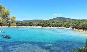 A coastal landscape with clear turquoise waters, a sandy beach, and dense green trees.