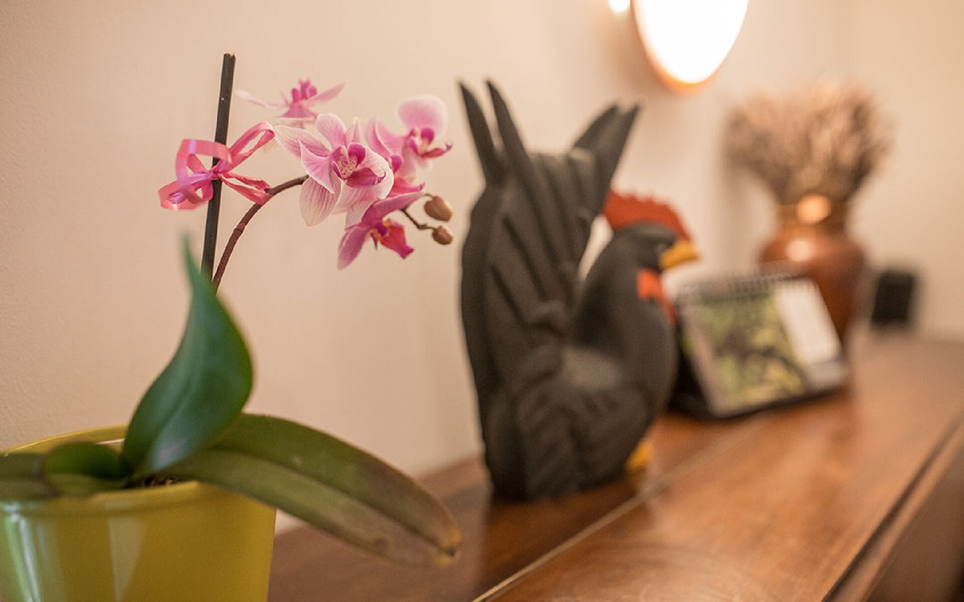 A potted orchid on a wooden table with a bird sculpture and a framed picture in the background.