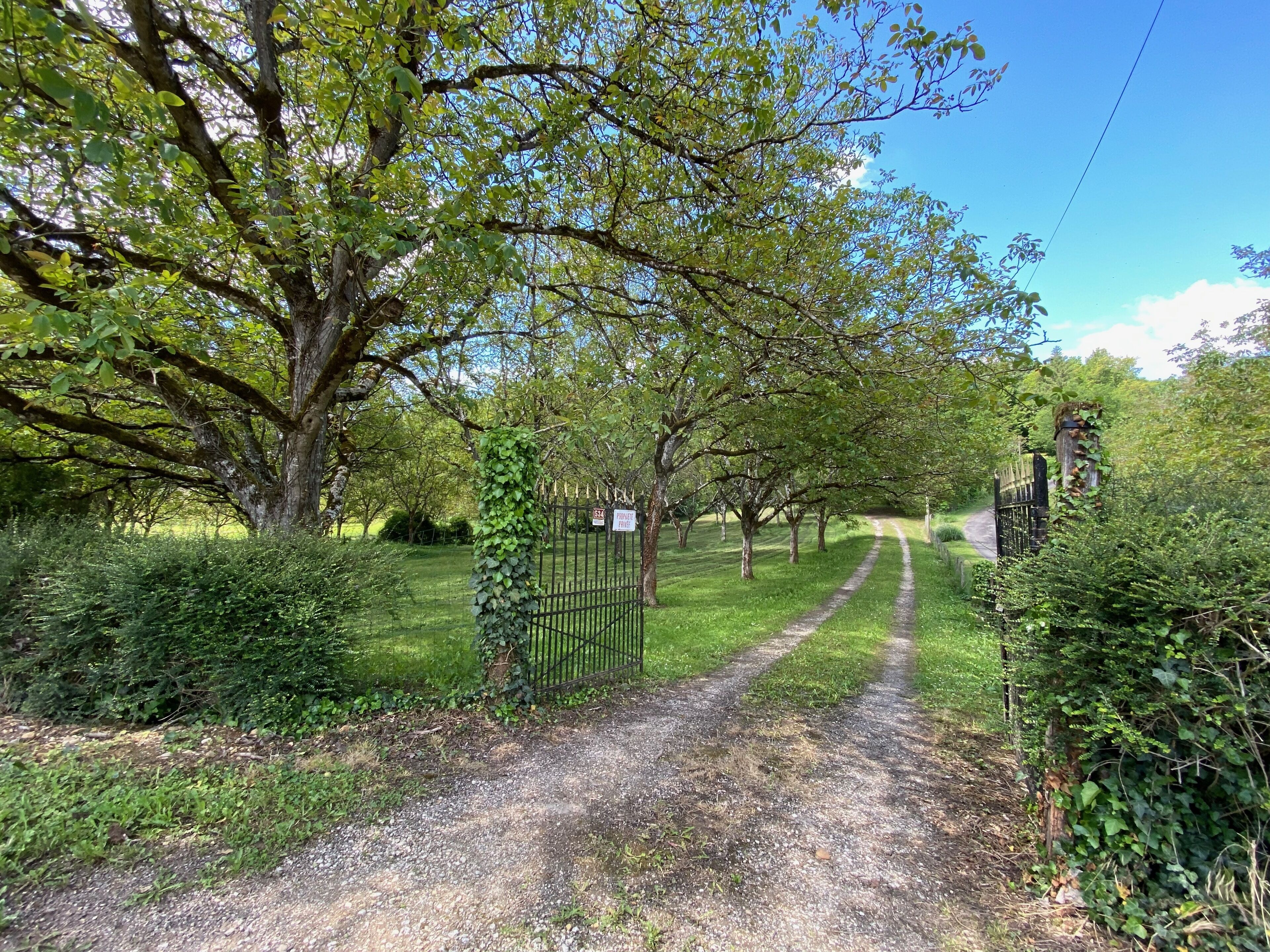 A gravel path leading through a lush, green area with a metal gate and a sign.