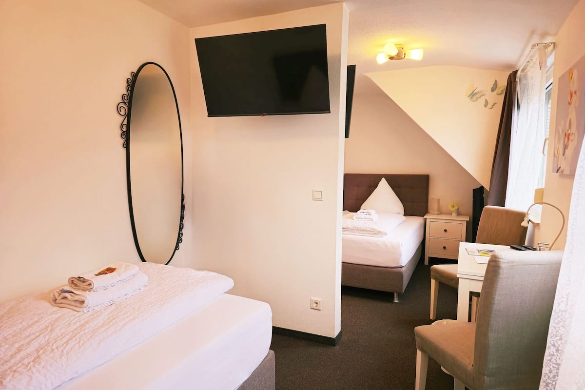 A hotel room with a bed, a desk, a chair, a TV, and a mirror.
