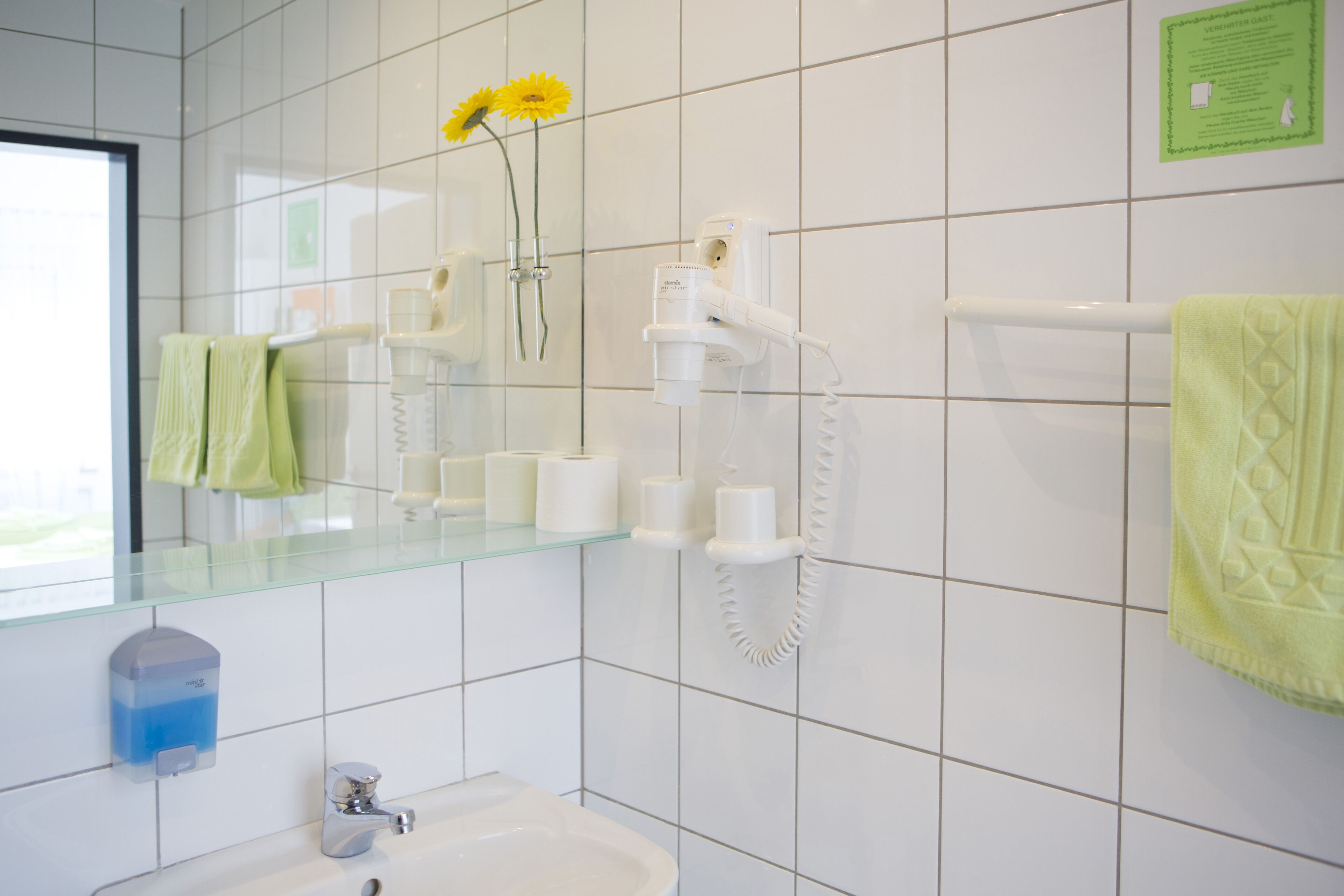 Une salle de bain avec une étagère en verre où sont rangés les articles de toilette, un lavabo blanc et un porte-serviettes avec une serviette verte.