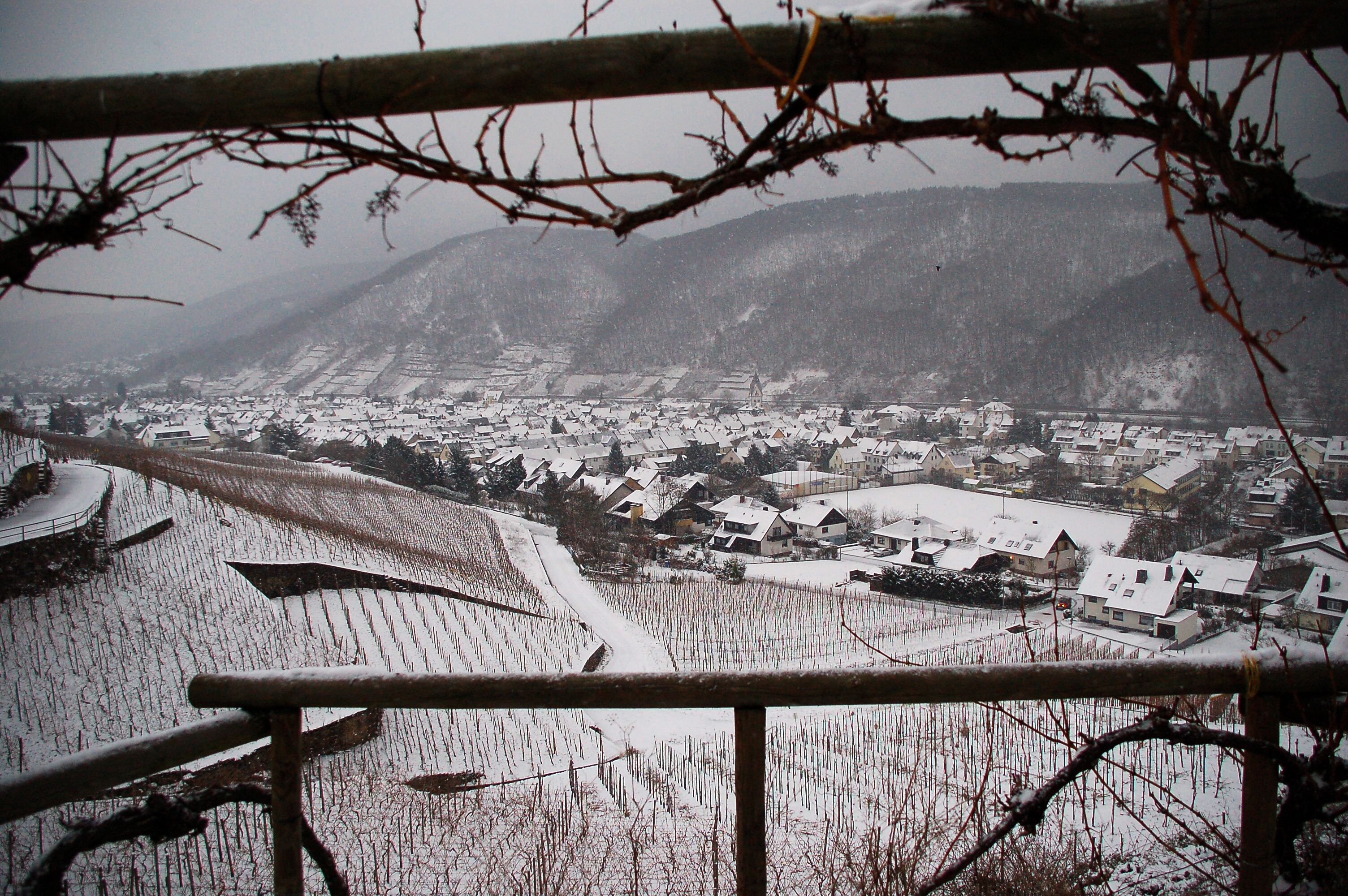 Un pueblo cubierto de nieve con edificios y un río.
