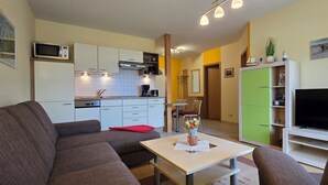 Un espace de vie compact comprenant une kitchenette, un coin repas et un téléviseur.
