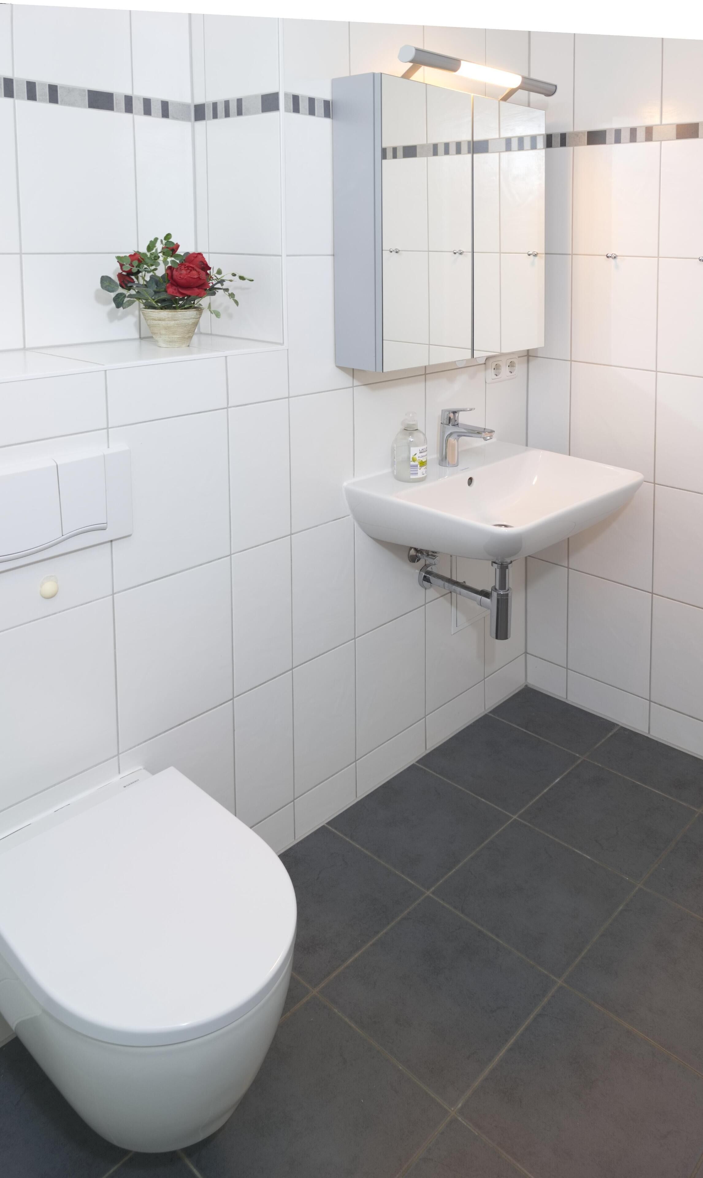 Un baño moderno con inodoro blanco, lavamanos con espejo y una pequeña maceta con flores rojas.