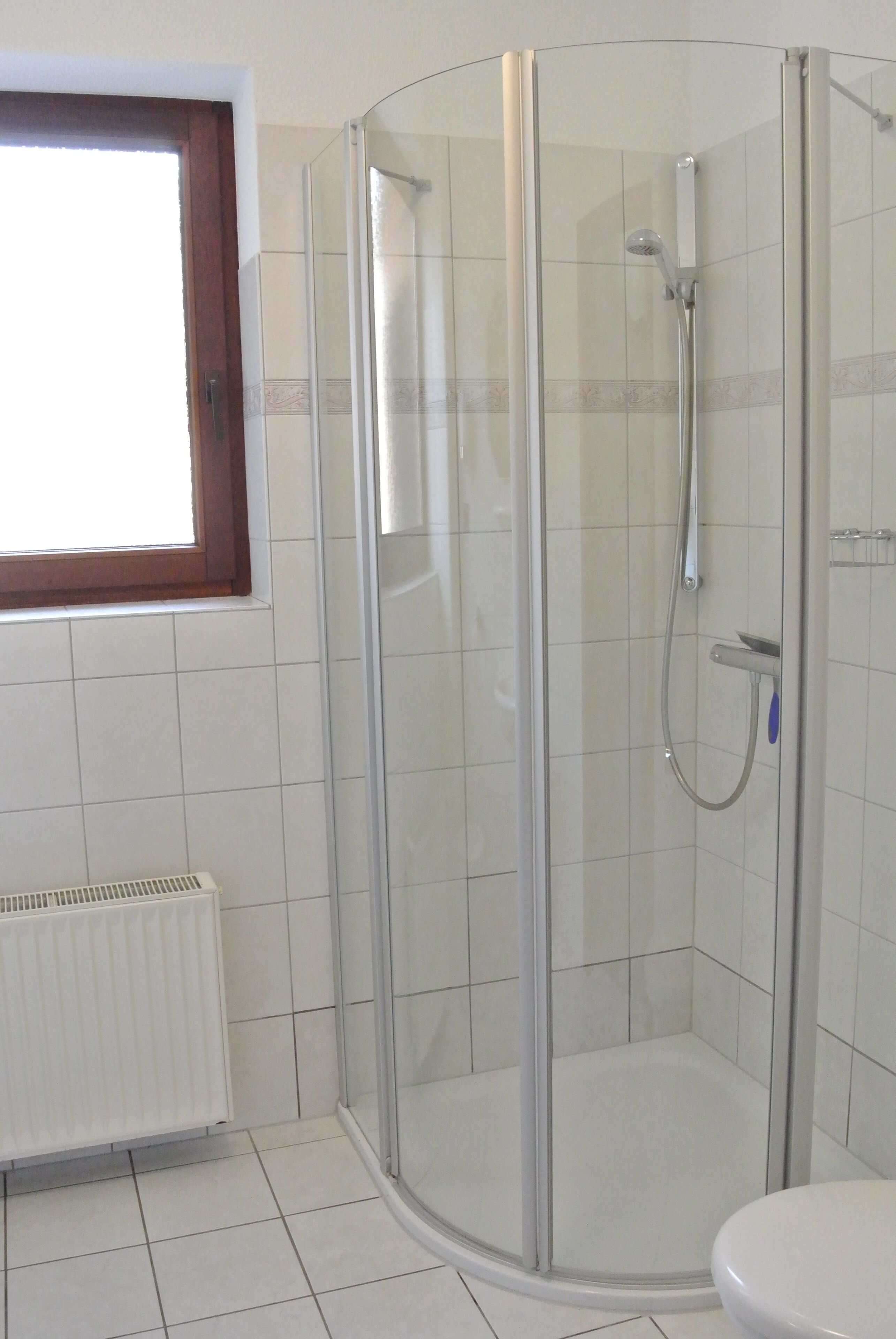 Un baño con cabina de ducha de vidrio, inodoro y ventana.