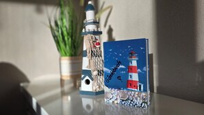 Eine kartenartige Darstellung im Leuchtturm-Design mit einer Möwenillustration, platziert auf einer reflektierenden Oberfläche neben einer kleinen Pflanze und einem dekorativen Gegenstand, der an einen Leuchtturm erinnert.
