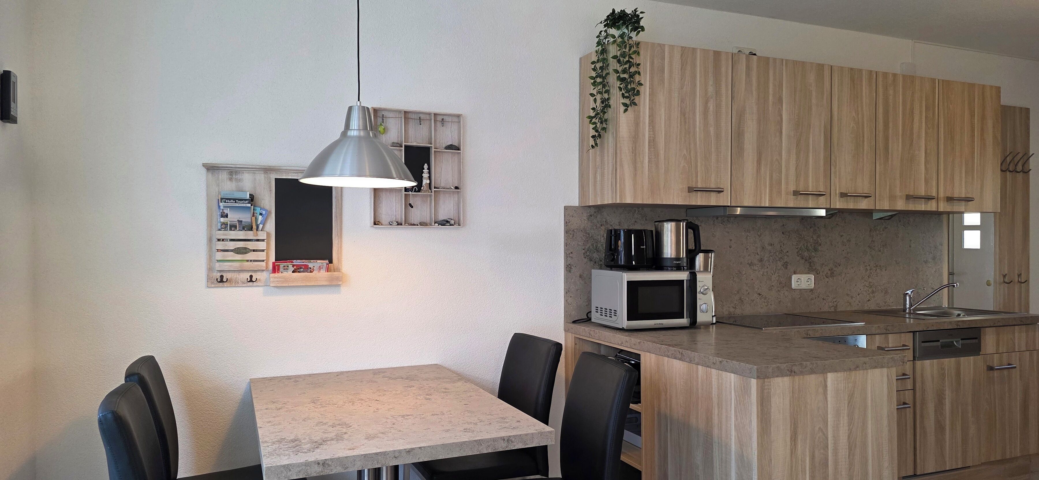 A compact kitchen with wooden cabinets, a microwave, a coffee maker, and a hanging plant.