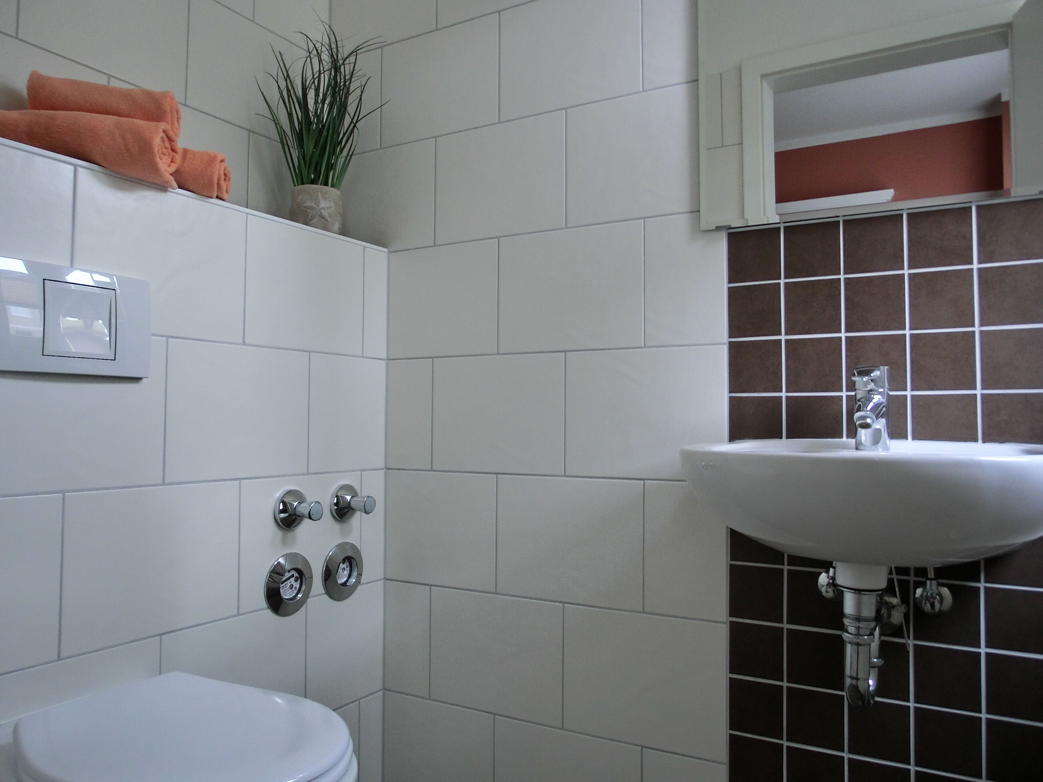 A bathroom with a white toilet, a sink, and a shower. There are towels and a plant on the wall.