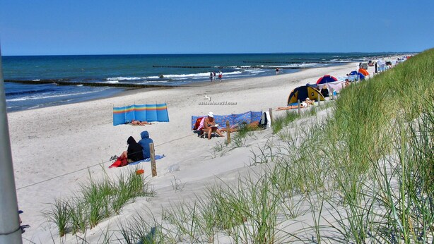 Ein Strand mit Menschen, die unter Sonnenschirmen entspannen, ein Steg im Hintergrund und Dünen im Vordergrund.