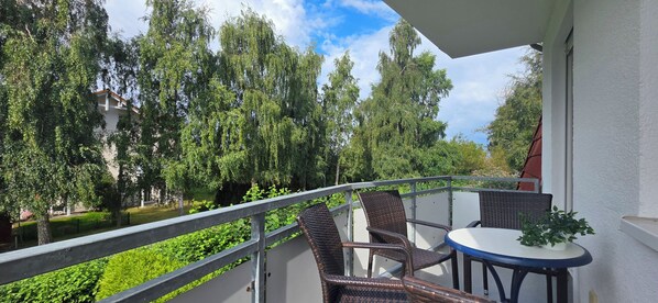 A balcony with wicker furniture, a small table, and a potted plant.
