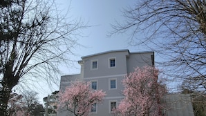 Un edificio de varios pisos con techo plano y ventanas rectangulares.