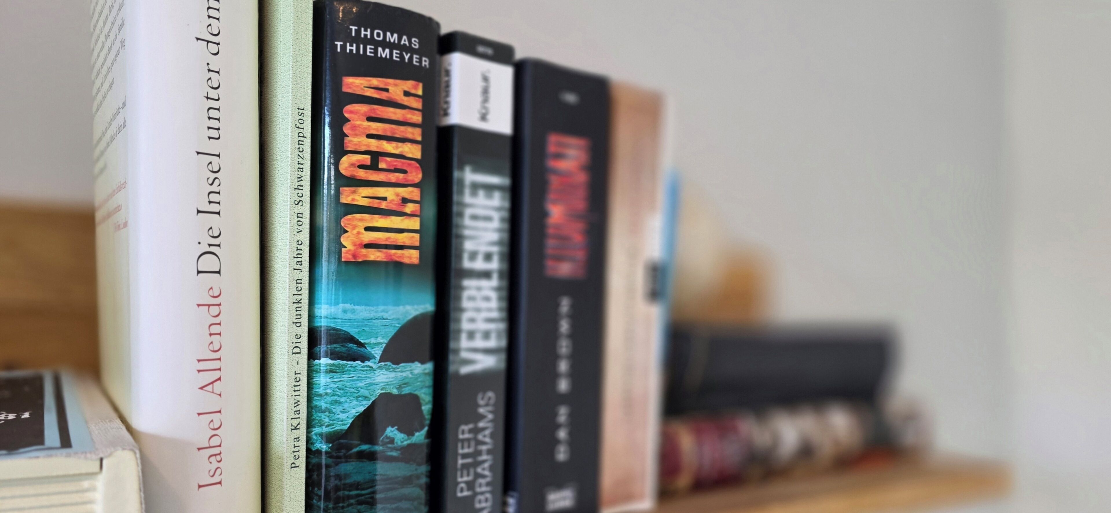 Ein Bücherregal mit Büchern mit den Titeln „Die Insel unter dem Vulkan“, „Magma“, „Verblendet“ und „Kilimanjaro“.