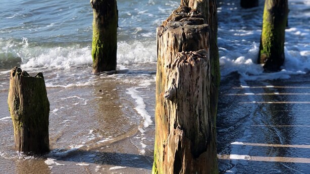 Una playa con postes de madera y olas.