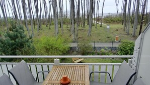 Ein Balkon mit Holztisch und zwei Stühlen, mit Blick auf eine Wiese mit Bäumen und einem Weg.