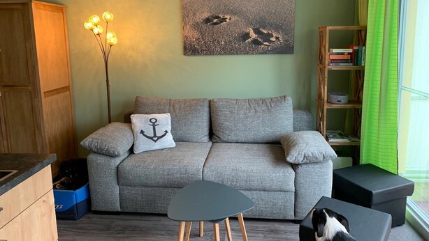Een gezellige woonkamer met een grijze bank, een klein tafeltje en een boekenkast.