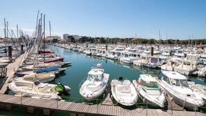 Un port de plaisance où diverses embarcations sont amarrées à des quais en bois.