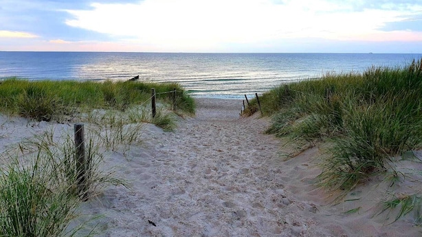 Un sentier de sable qui longe la plage et mène à l’océan, avec des dunes herbeuses de chaque côté.