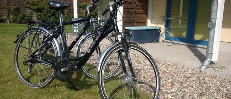 Twee fietsen staan geparkeerd op een gazon voor een gebouw met een blauwe deur en een raam met zonwering.