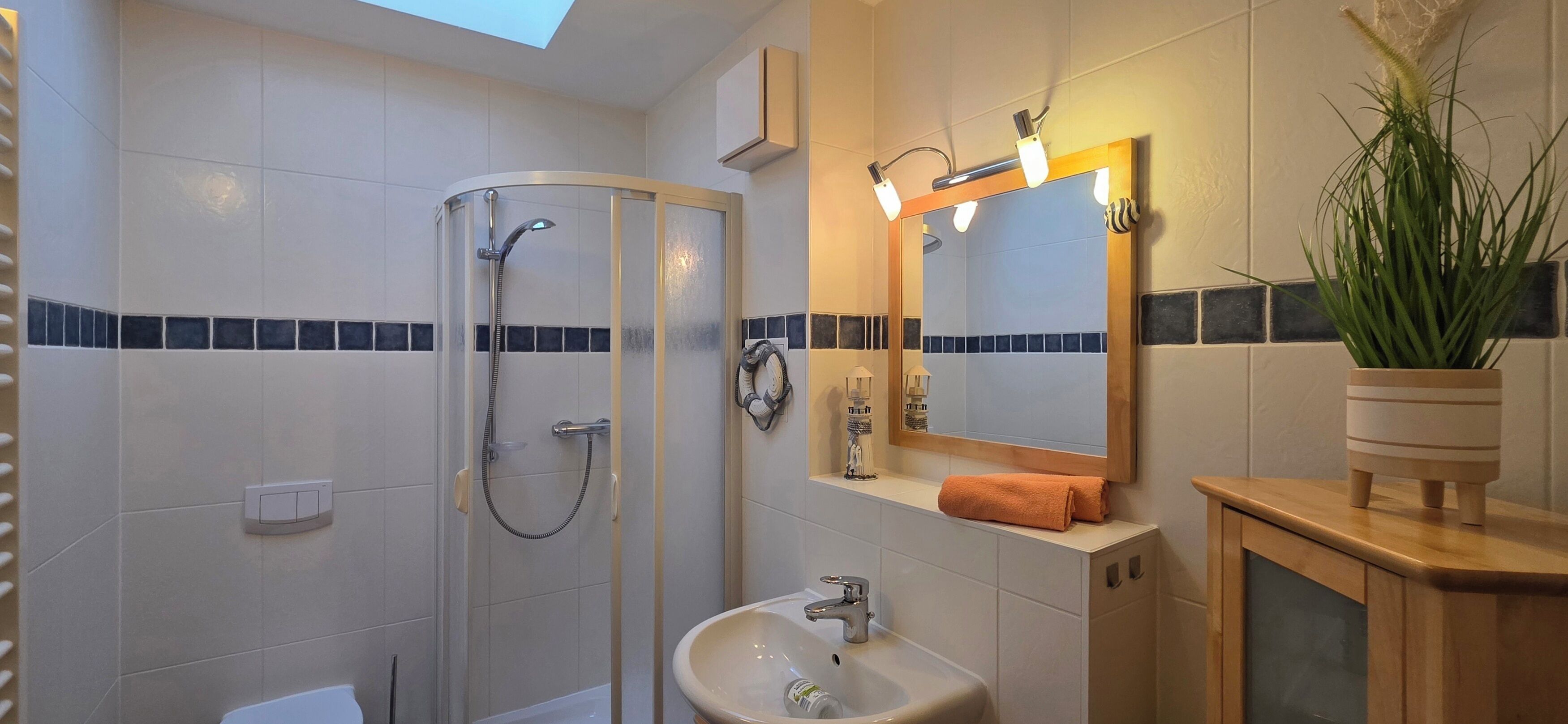 Un baño con ducha envuelta en vidrio, un lavabo, un espejo y una planta en maceta.
