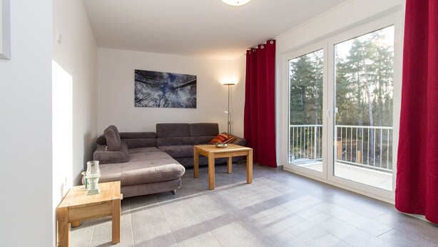 Een moderne woonkamer met een grijze bank, een houten salontafel en een schilderij aan de muur.