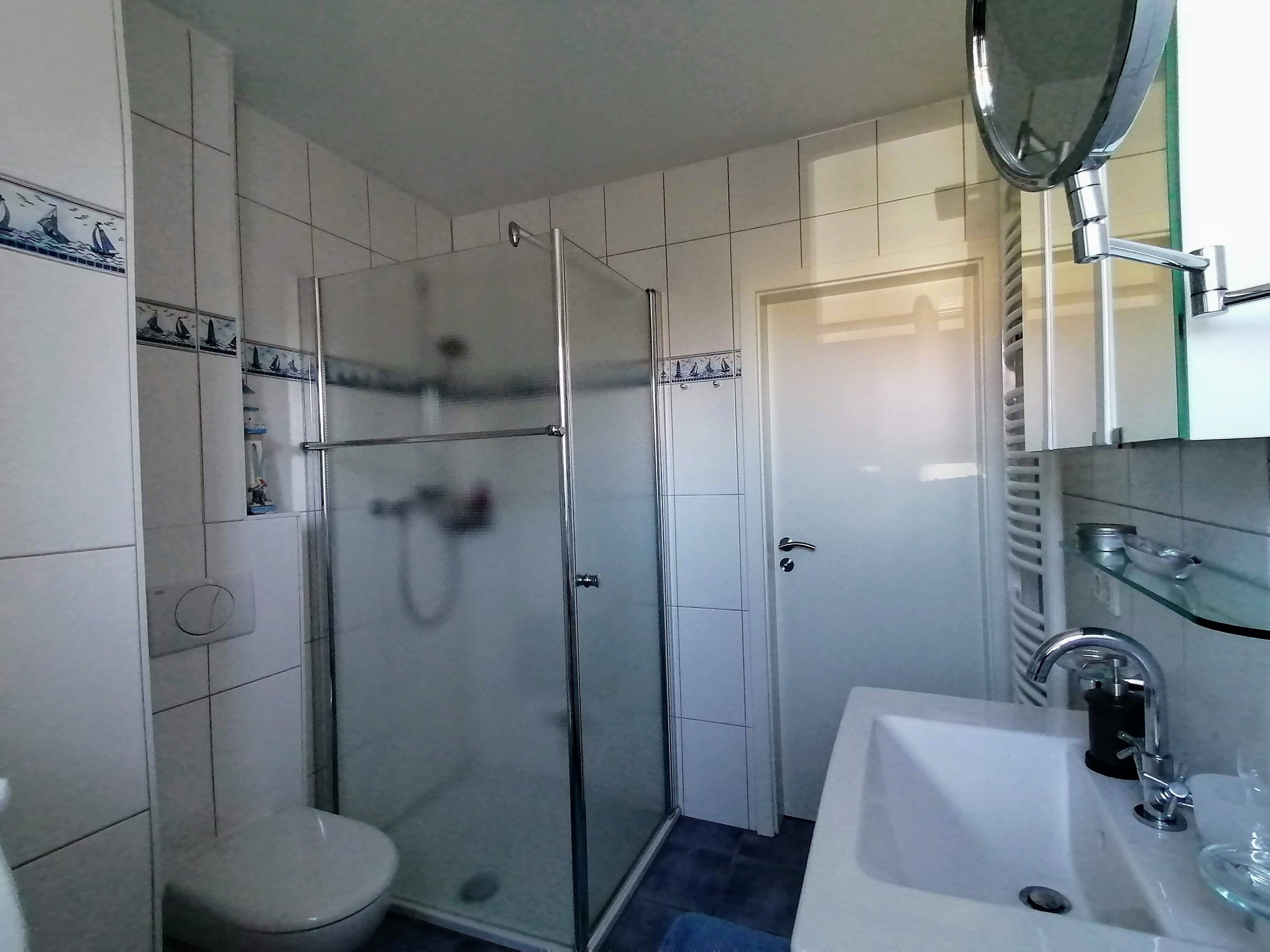 A bathroom with a glass-enclosed shower, a toilet, and a sink with a mirror above it.