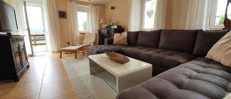 Televisión, chimenea, reproductor de DVD y tenis de mesa