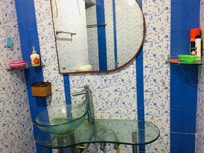 Shower, hair dryer, soap, shampoo