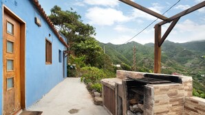 A blue building with a wooden door, a stone barbecue grill, and a view of green mountains.