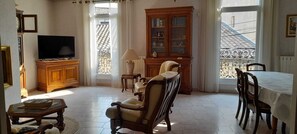 Smart TV, chimenea, libros