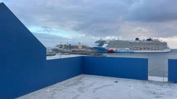 Un gran crucero amarrado en un puerto, con una estructura azul al frente.