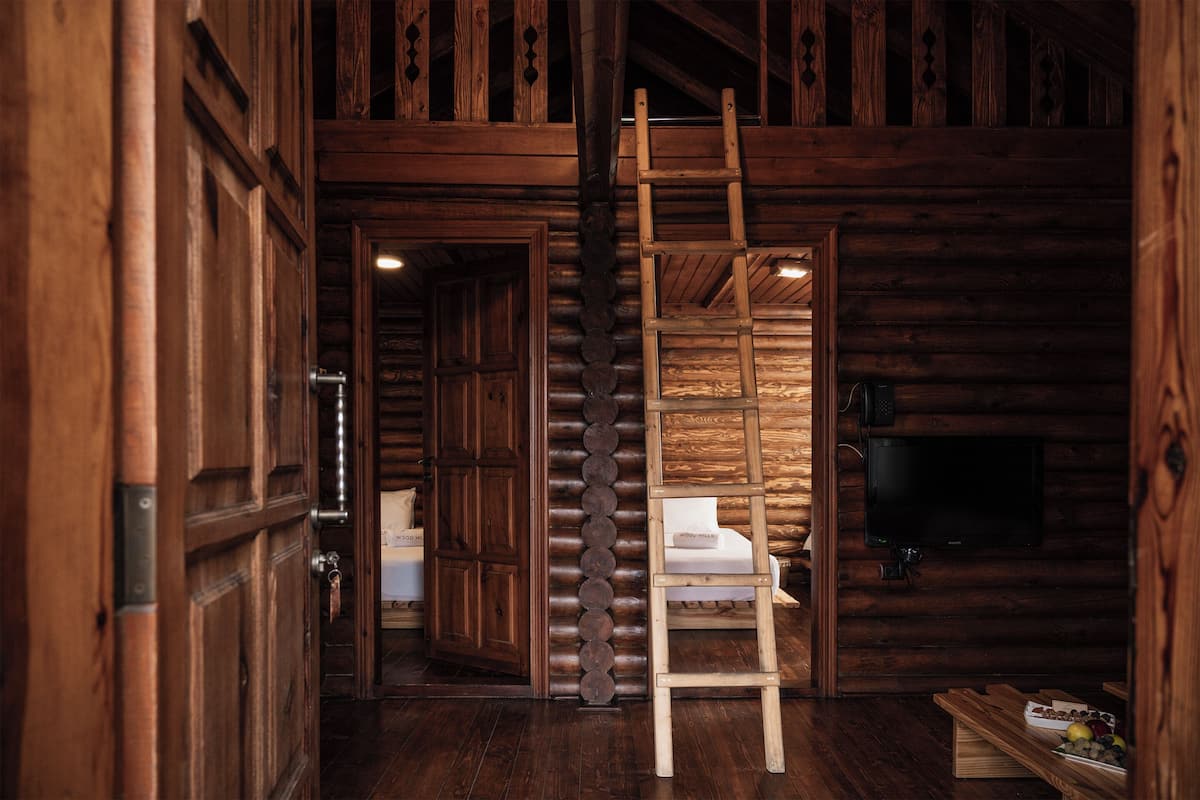 A log cabin interior with a wooden ladder leading to a loft bed, a television mounted on the wall, and a small table with fruit.