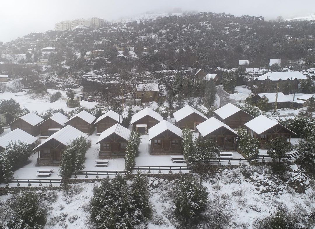 A snow-covered resort with multiple chalet-style cabins arranged in rows, surrounded by trees and a hilly backdrop.